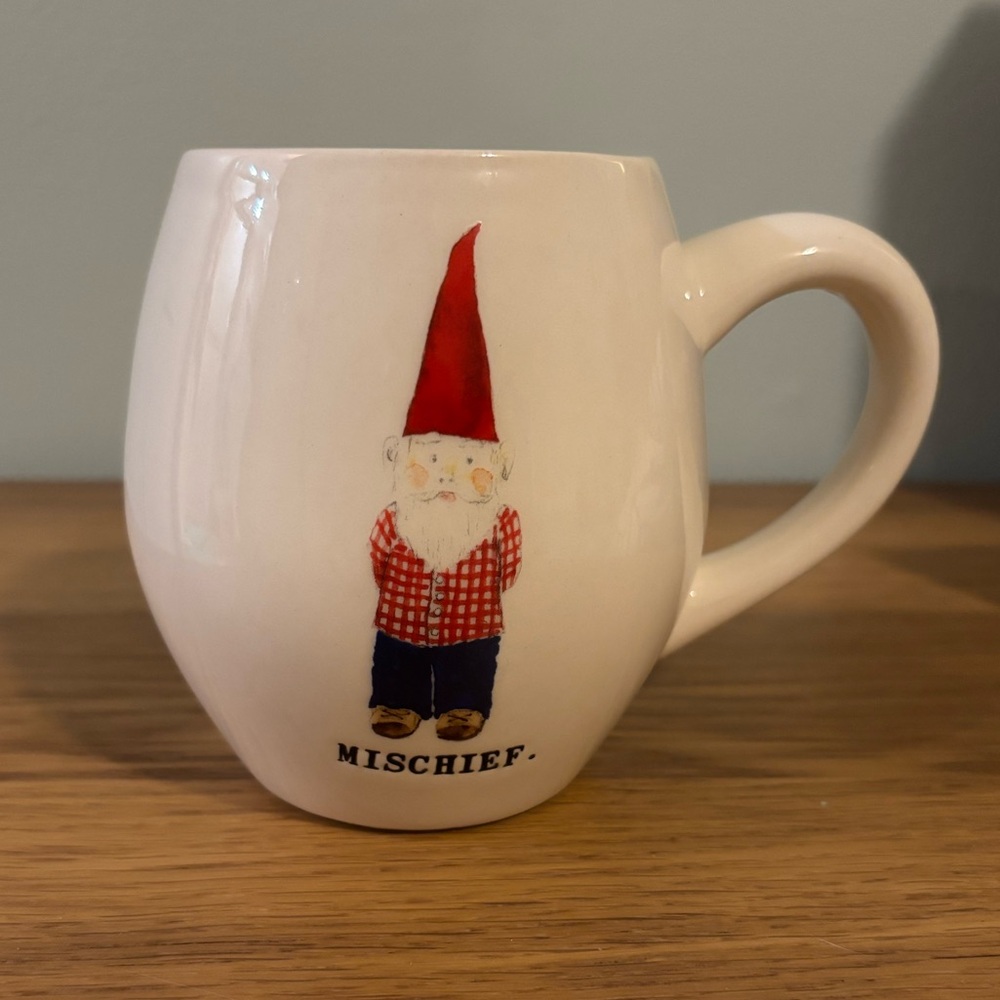 Rae Dunn Cream Mug with Mischief Gnome